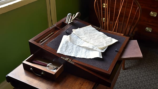 An open wooden writing box holding sheets of rough handmade paper and quills on a small side table
